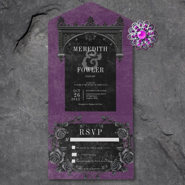 Gothic Black Arch & Black Roses Purple No Dinner All In One Invitation (Gothic Black Arch & Black Roses Purple No Dinner All In One Invitation)