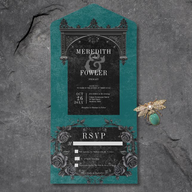 Gothic Black Arch & Black Roses Teal No Dinner All In One Invitation (Gothic Black Arch & Black Roses Teal No Dinner All In One Invitation)