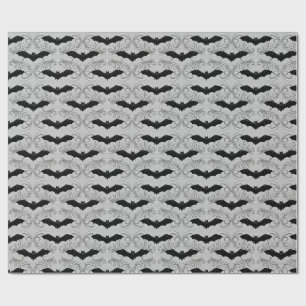 Gothic Black Bat Silver Grey Damask Halloween Wrapping Paper