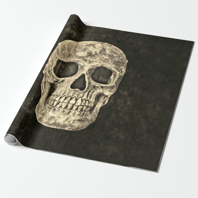 Gothic Black Beige Human Skull Texture Wrapping Paper (Unrolled)