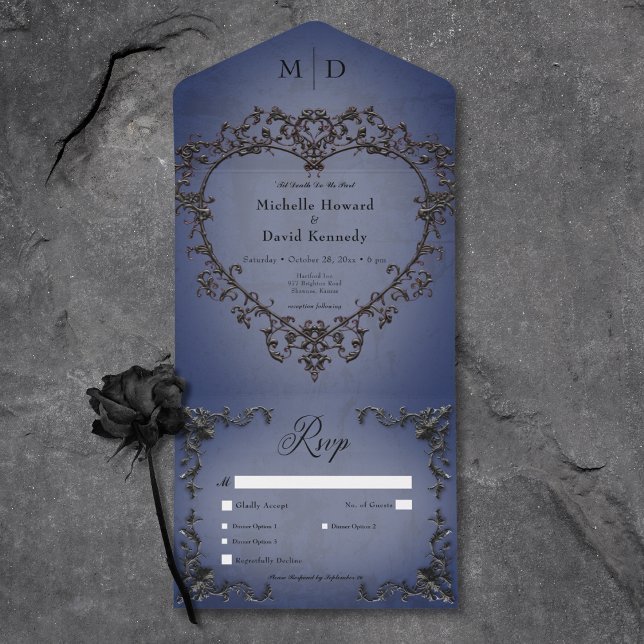Gothic Black & Blue Filigree Heart Dinner All In One Invitation (Gothic Black & Blue Filigree Heart Dinner All In One Invitation)
