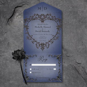 Gothic Black & Blue Filigree Heart No Dinner All In One Invitation