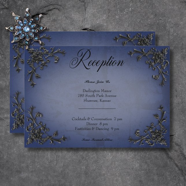 Gothic Black & Blue Filigree Heart Reception Enclosure Card (Gothic Black & Blue Filigree Heart Reception Enclosure Card)