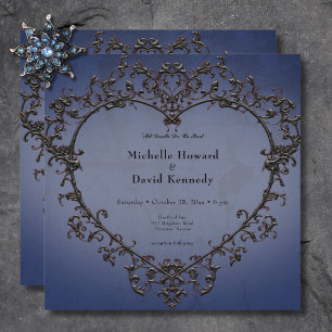 Gothic Black & Blue Filigree Heart Wedding Invitation
