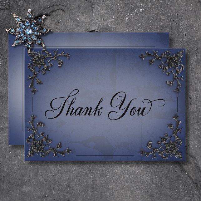 Gothic Black & Blue Filigree Heart Wedding Thank You Card (Gothic Black & Blue Filigree Heart Wedding Thank You Card)