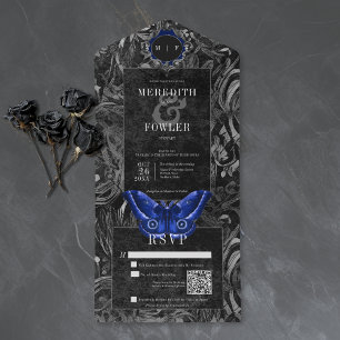 Gothic Black Blue Filigree Moth QR Code Wedding All In One Invitation