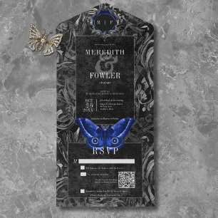 Gothic Black Blue Filigree Moth QR Code Wedding All In One Invitation