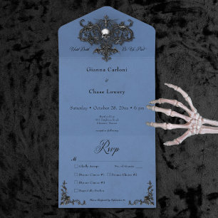 Gothic Black & Blue Halloween Filigree Dinner All In One Invitation