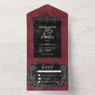 Gothic Black Border 6 & Black Roses Wine No Dinner All In One Invitation