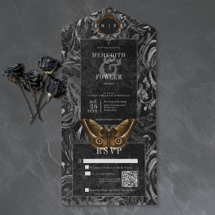 Gothic Black Brown Filigree Moth Dinner Wedding All In One Invitation