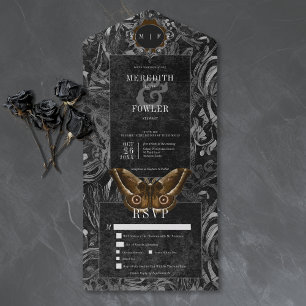 Gothic Black Brown Filigree Moth Dinner Wedding All In One Invitation