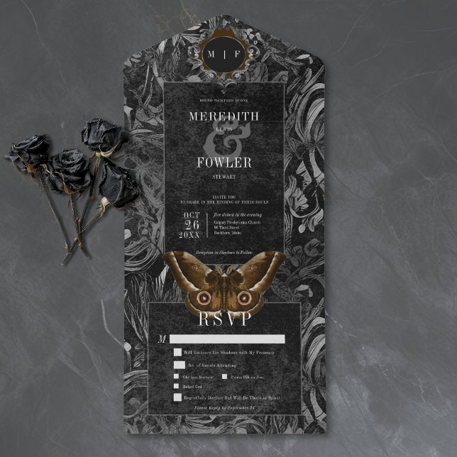 Gothic Black Brown Filigree Moth Dinner Wedding All In One Invitation (Gothic Black Brown Filigree Moth Dinner Wedding All In One Invitation)
