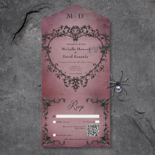 Gothic Black & Burgundy Filigree Heart QR Code All In One Invitation