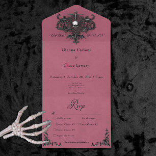 Gothic Black & Burgundy Halloween Filigree Dinner All In One Invitation