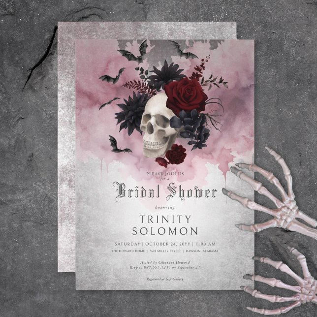 Gothic Black & Burgundy Skull & Bats Bridal Shower Invitation (Gothic Black & Burgundy Skull & Bats Bridal Shower Invitation)