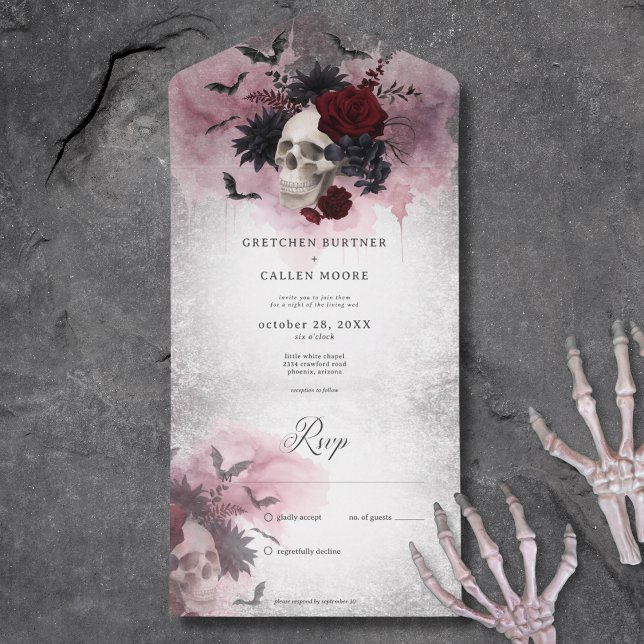 Gothic Black & Burgundy Skull & Bats No Dinner All In One Invitation (Gothic Black & Burgundy Skull & Bats No Dinner All In One Wedding Invitation)