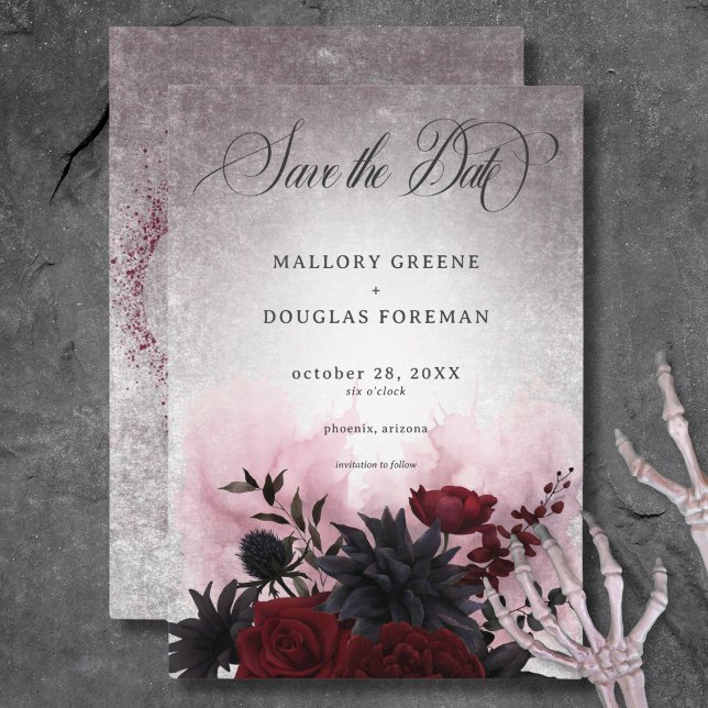 Gothic Black & Burgundy Skull & Spider Wedding Save The Date (Gothic Black & Burgundy Skull & Spider Wedding Save The Date Card)