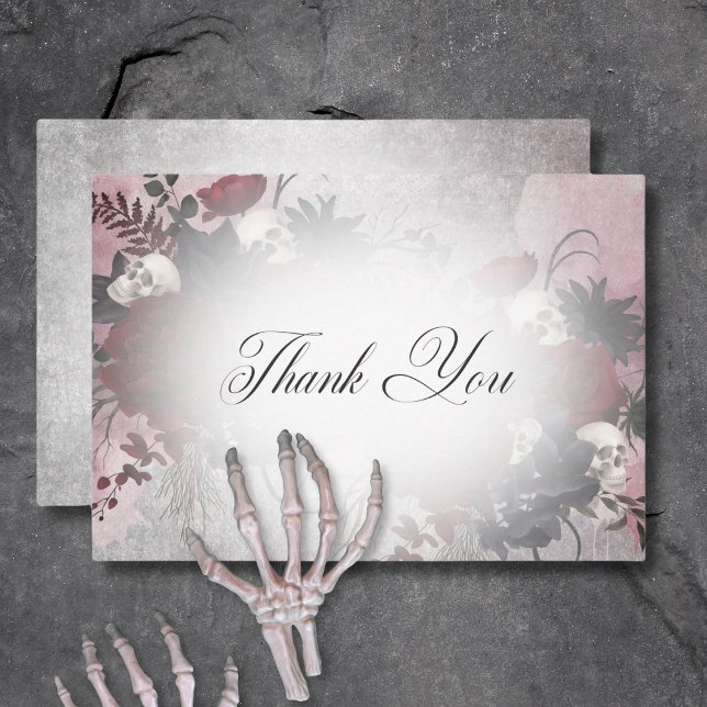Gothic Black & Burgundy Skull & Spider Wedding Thank You Card (Gothic Black & Burgundy Skull & Bats Dinner All In One Invitation)