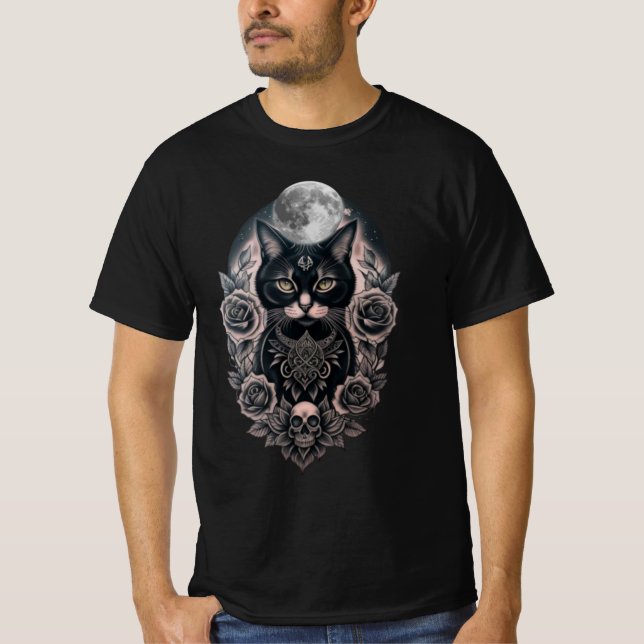 Gothic black Cat and Moon Tshirt  (Front)