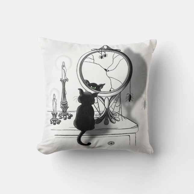 Gothic Black Cat Broken Mirror Halloween Cushion (Front)