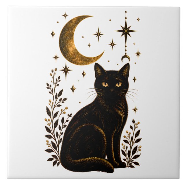 Gothic Black Cat Celestial Moon Botanical Ceramic Tile (Front)