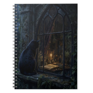 Gothic Black Cat Dark Botanical Art Print Notebook