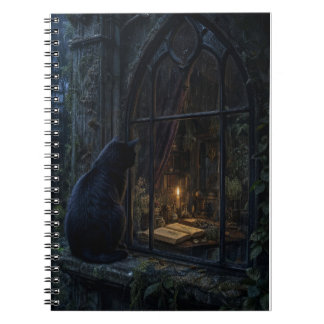Gothic Black Cat Dark Botanical Art Print Notebook