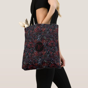 Gothic Black Cat & Dark Flowers Pattern Monogram Tote Bag