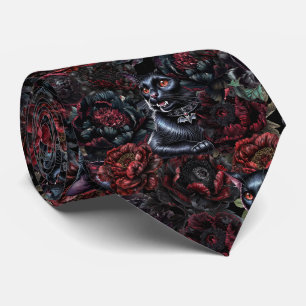 Gothic Black Cat & Dark Flowers Pattern  Tie