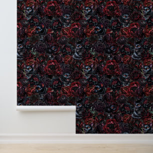 Gothic Black Cat & Dark Flowers Pattern Wallpaper