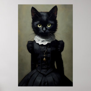 Gothic Black Cat In Dress Print, Dark Academia Poster