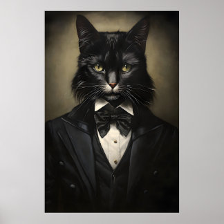 Gothic Black Cat In Suit Print, Dark Academia Poster