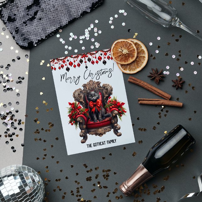 Gothic Black Cat Merry Christmas Black And Red Holiday Card (Gothic Black Cat Merry Christmas Holiday Card - Unique Design, Customizable, Perfect Holiday Gift)