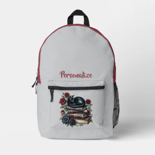 Gothic Black Cat Mystical Books & Red Roses Design Printed Backpack