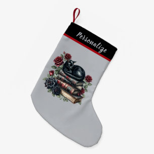 Gothic Black Cat on Books Red Roses Christmas Small Christmas Stocking