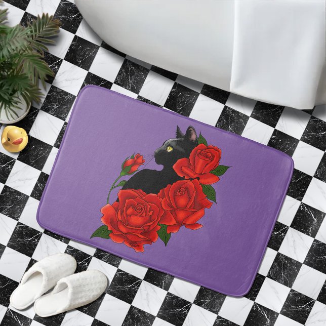 Gothic Black Cat Red Roses Purple Bath Mat (Creator Uploaded)