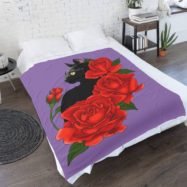 Gothic Black Cat Red Roses Purple Fleece Blanket (Creator Uploaded)