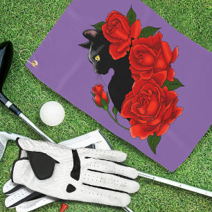 Gothic Black Cat Red Roses Purple Golf Towel
