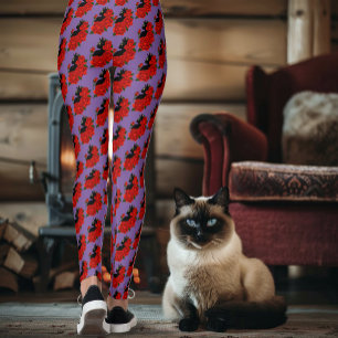 Gothic Black Cat Red Roses Purple Leggings