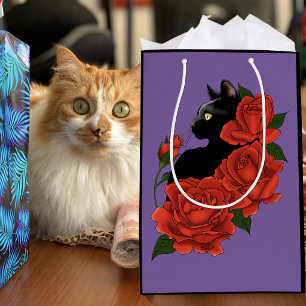 Gothic Black Cat Red Roses Purple Medium Gift Bag