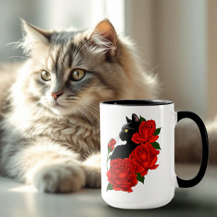 Gothic Black Cat Red Roses Purple Mug
