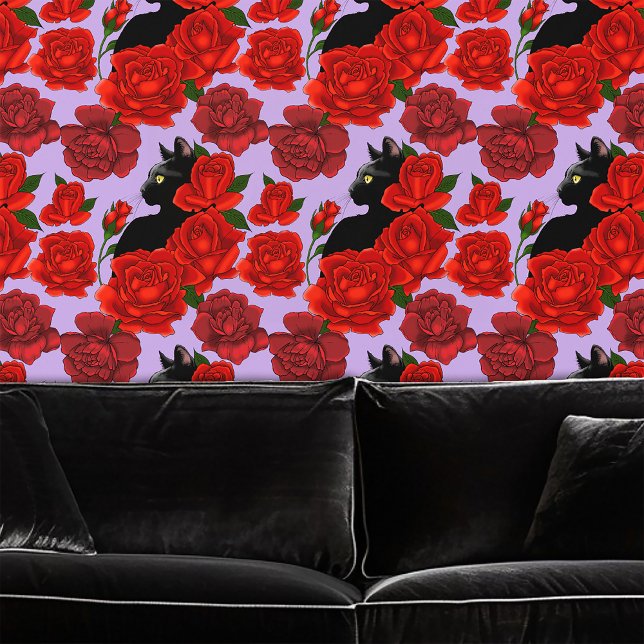 Gothic Black Cat Red Roses Purple Wallpaper (Creator Uploaded)