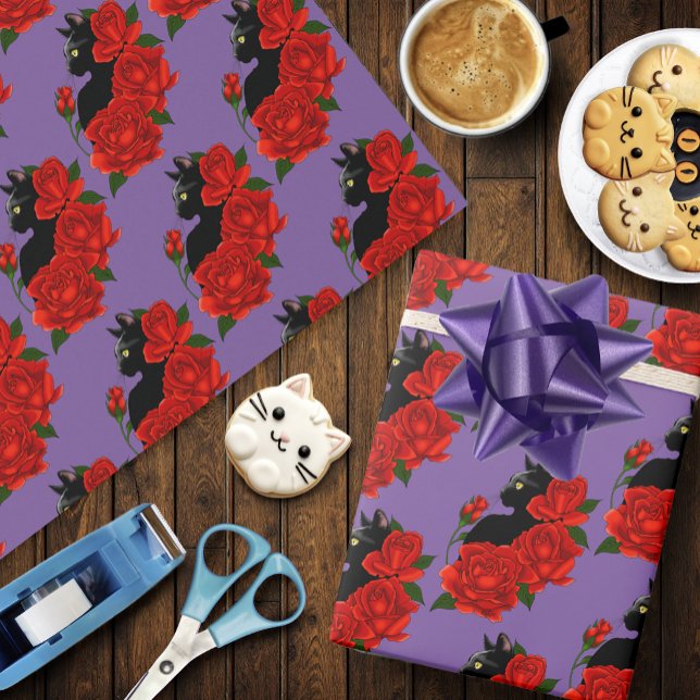 Gothic Black Cat Red Roses Purple Wrapping Paper (Creator Uploaded)