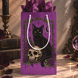 Gothic Black Cat Skull Purple Roses Medium Gift Bag
