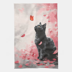 Gothic Black Cat with Crimson Butterfly and Sakura Tea Towel