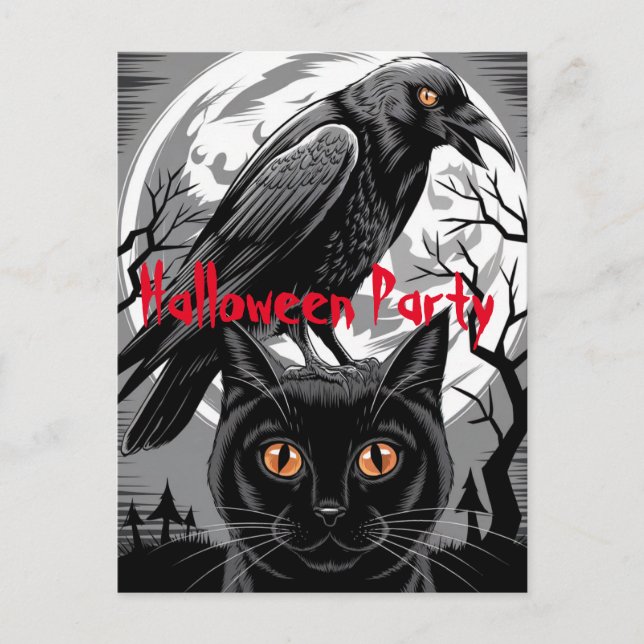 Gothic Black Crow & Cat Spooky Halloween Party Postcard (Front)