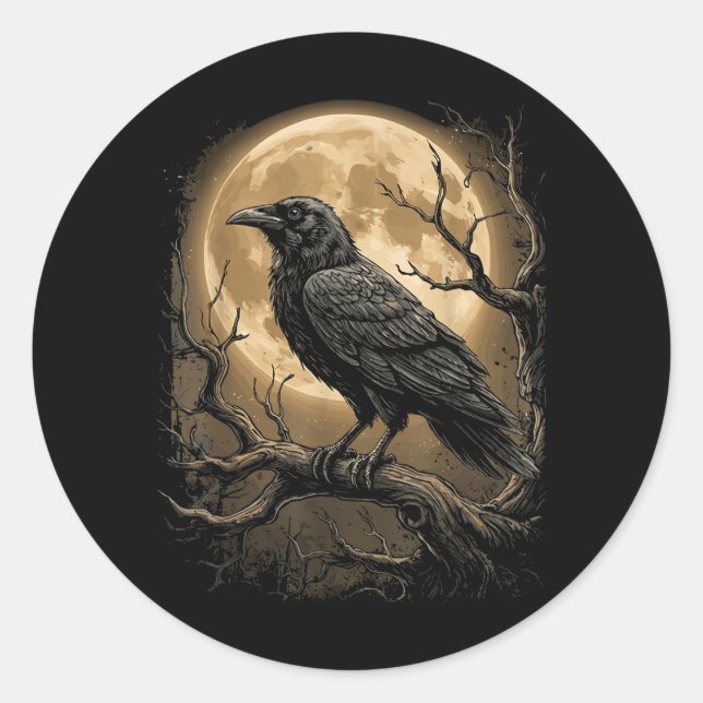 Gothic Black Crow Raven Moon Dark Forest Bird Classic Round Sticker (Front)