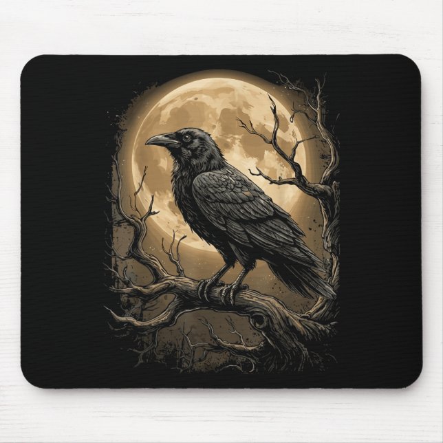Gothic Black Crow Raven Moon Dark Forest Bird Mouse Pad (Front)