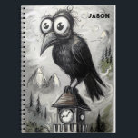 Gothic Black Crow Spooky Notebook<br><div class="desc">Design features a haunting black crow with oversized,  spooky eyes perched on top of a clock tower. Customise it with your name or initials.

Copyright Soar In Style Designs LLC.</div>