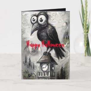 Gothic Black Crow & Tower Spooky Halloween Card